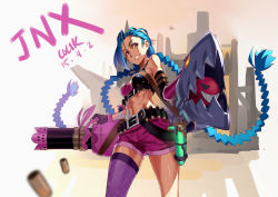 Rule 34 | 1girl, artist name, belt, blue hair, braid, bullet, dated, fishnet thighhighs, fishnets, hairline, jinx (league of legends), l.k, league of legends, long hair, midriff, navel, pink eyes, single thighhigh, smile, solo, thighhighs, twin braids