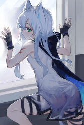 Rule 34 | 1girl, absurdres, animal ears, arknights, chinese commentary, cowboy shot, dress, fingerless gloves, gloves, green eyes, highres, indoors, little nine, long hair, looking at viewer, looking back, parted lips, rosmontis (arknights), scar, sleeveless, solo, white dress, white hair, white tail, window