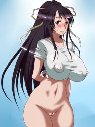 Rule 34 | 1girl, arm behind back, black hair, blue background, blush, bottomless, breasts, cleft of venus, closed mouth, commentary request, covered erect nipples, curvy, embarrassed, feet out of frame, gumumu, huge breasts, kanzaki kaori, blue background, long hair, looking at viewer, navel, nose blush, ponytail, purple eyes, pussy, shirt, short sleeves, sidelocks, solo, stomach, sweatdrop, thick thighs, thigh gap, thighs, tied shirt, toaru majutsu no index, very long hair, white shirt, wide hips
