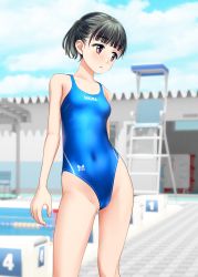 Rule 34 | 1girl, absurdres, black hair, blue sky, blue one-piece swimsuit, brown eyes, cameltoe, clothes writing, cloud, commentary request, competition swimsuit, contrapposto, cowboy shot, day, facial hair, half updo, highres, lifeguard chair, looking to the side, one-piece swimsuit, original, outdoors, pubic stubble, short hair, sky, solo, standing, stubble, swimsuit, takafumi