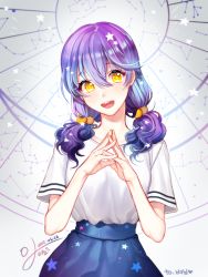 Rule 34 | 1girl, gradient background, iso1206, long hair, low twintails, original, purple hair, sketch, solo, twintails, yellow eyes