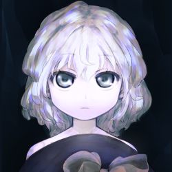 Rule 34 | 1girl, bare shoulders, black background, black hat, bow, closed mouth, commentary request, green eyes, hair between eyes, hat, hat bow, komeiji koishi, looking at viewer, portrait, shirosato, short hair, silver hair, solo, touhou, unworn hat, unworn headwear
