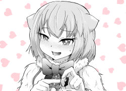 Rule 34 | 10s, 1629doyasa, 1girl, animal ears, anteater ears, blush, bow, bowtie, eyelashes, frills, fur collar, greyscale, heart, heart-shaped pupils, heart background, highres, kemono friends, long sleeves, looking at viewer, medium hair, monochrome, nose blush, open mouth, penetration gesture, ringed eyes, sexually suggestive, silky anteater (kemono friends), smile, solo, spot color, sweatdrop, symbol-shaped pupils