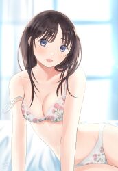 Rule 34 | 1girl, artist name, backlighting, bed, black hair, blue eyes, blush, bra, breasts, cleavage, commentary, floral print, highres, leaning to the side, looking at viewer, medium breasts, medium hair, on bed, open mouth, original, osumi izumi, panties, print bra, print panties, signature, sitting, smile, solo, strap slip, underwear, underwear only, white bra, white panties, window