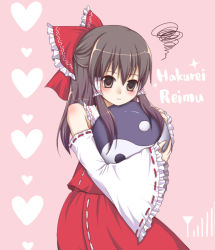 Rule 34 | 1girl, bow, brown eyes, brown hair, character name, cowboy shot, detached sleeves, dress, female focus, hair bow, hakurei reimu, heart, long sleeves, miyoshi, mountain of faith, pink background, red dress, ribbon-trimmed sleeves, ribbon trim, sidelocks, simple background, solo, squiggle, text focus, touhou, yin yang