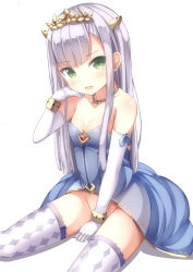 Rule 34 | 10s, 1girl, argyle, argyle clothes, argyle legwear, bare shoulders, between legs, blush, bracelet, dress, elbow gloves, fang, gloves, green eyes, groin, hair ornament, hand between legs, highres, jewelry, light purple hair, long hair, looking at viewer, morerin, necklace, no panties, open mouth, outbreak company, patterned legwear, petralka anne eldant iii, see-through, silhouette, simple background, sitting, solo, thighhighs, tiara, white background, white gloves