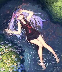 Rule 34 | 10s, 1girl, ahoge, barefoot, black shirt, breasts, cleavage, dress shirt, flower, from above, hand on forehead, hoshi o mite, isla (plastic memories), long hair, looking at viewer, lying, on back, outdoors, partially submerged, plastic memories, purple hair, red eyes, shirt, solo, twintails, water