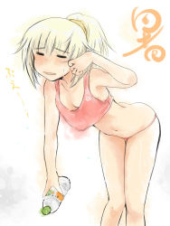 Rule 34 | 1girl, blonde hair, bottle, breasts, cleavage, closed eyes, crop top, gradient background, helma lennartz, highres, knees together feet apart, long hair, mishiro shinza, panties, ponytail, scrunchie, small breasts, solo, strike witches, sweat, tank top, underwear, underwear only, water bottle, world witches series