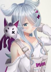 Rule 34 | 1girl, animal ears, black sclera, blue eyes, blue hair, collarbone, colored sclera, commentary, dragon, dragon ears, dragon girl, elira pendora, elira pendora (1st costume), english commentary, eyebrows hidden by hair, grey overalls, hair over one eye, head tilt, head wings, long hair, looking to the side, mixed-language commentary, nijisanji, nijisanji en, off shoulder, one eye covered, overalls, pikl (elira pendora), smile, solo, sweater, tyamiy1017, upper body, virtual youtuber, white background, white eyes, white sweater, wings