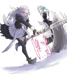 Rule 34 | 2girls, alternate costume, axe, blue eyes, blue hair, dagger, edelgard von hresvelg, fire emblem, fire emblem: three houses, fire emblem fates, flora (fire emblem), from side, hair ribbon, high heels, holding, holding axe, holding dagger, holding knife, holding weapon, knife, long sleeves, looking to the side, maid, maid headdress, multiple girls, nintendo, open mouth, purple eyes, ribbon, robaco, simple background, twintails, twitter username, weapon, white background, white hair