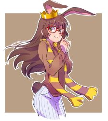Rule 34 | 1girl, animal ears, brown eyes, brown hair, rabbit ears, rabbit tail, check commentary, commentary request, crown, glasses, iesupa, rabbit girl, rwby, scarf, voice actor connection, solo, tail, velvet scarlatina