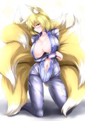 Rule 34 | 1girl, absurdres, adapted costume, animal ear fluff, animal ears, blonde hair, blush, bodysuit, breast hold, breasts, collarbone, commentary request, fox ears, fox tail, g (genesis1556), gluteal fold, grey bodysuit, hair between eyes, highres, huge breasts, kneeling, long sleeves, looking at viewer, multiple tails, navel, no headwear, shadow, short hair, simple background, smile, solo, tail, thighs, touhou, white background, yakumo ran, yellow eyes