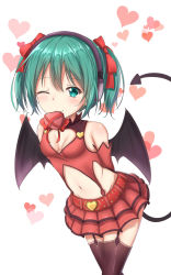 Rule 34 | 1girl, ;), akira (been0328), bad id, bad pixiv id, black wings, bow, box, breasts, cleavage, cleavage cutout, clothing cutout, demon girl, demon tail, demon wings, garter straps, green eyes, green hair, groin, hair between eyes, hair bow, hatsune miku, heart, heart-shaped box, heart hunter, highres, leaning forward, microphone, miniskirt, mouth hold, navel, one eye closed, pleated skirt, red bow, red skirt, skirt, small breasts, smile, solo, standing, tail, thighhighs, twintails, vocaloid, white background, wings