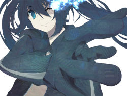 Rule 34 | 10s, 1girl, bad id, bad pixiv id, black hair, black rock shooter, black rock shooter (character), blue eyes, female focus, foreshortening, kusobaka, long hair, one eye closed, simple background, solo, twintails, vocaloid, wink