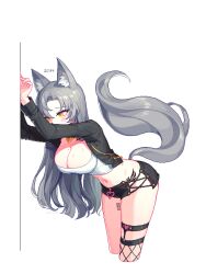 Rule 34 | 1girl, 9o9bbb, animal ears, animated, animated gif, arms up, bent over, black jacket, black shorts, blinking, breasts, cleavage, clothing cutout, crop top, cropped jacket, cropped legs, eun soyeon (lustyfox), fishnets, fox ears, fox girl, fox tail, highres, jacket, large breasts, lock, long sleeves, looking at viewer, looking to the side, micro shorts, midriff, mole, mole on breast, mole under eye, navel, open clothes, open jacket, original, padlock, shirt, shorts, side cutout, simple background, solo, standing, stomach, stomach tattoo, sweat, tail, tattoo, thigh strap, thighs, white background, white shirt