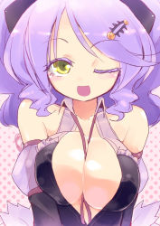 Rule 34 | 1girl, bad id, bad pixiv id, bare shoulders, between breasts, breasts, chandelure, cleavage, colored eyelashes, costume, creatures (company), game freak, gen 5 pokemon, homura subaru, large breasts, md5 mismatch, nintendo, one eye closed, open mouth, personification, pokemon, purple hair, solo, wink, yellow eyes