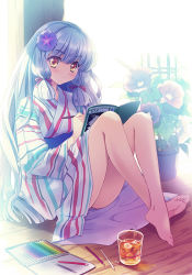 Rule 34 | 1girl, alternate costume, backlighting, bare legs, barefoot, blush, book, carnelian, colored pencil, commentary request, cup, drawing, drinking glass, feet, flower, flower pot, full body, hair flower, hair ornament, hair ribbon, ice, ice cube, japanese clothes, kantai collection, kimono, long hair, looking at viewer, murakumo (kancolle), parted lips, pencil, ribbon, silver hair, sitting, sketchbook, solo, tress ribbon, wooden pencil