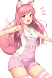 Rule 34 | 1girl, :d, animal ear fluff, animal ears, armpits, blouse, blush, breasts, collarbone, cowboy shot, fox ears, fox tail, long hair, looking at viewer, open mouth, original, overalls, pink hair, sasaame, shirt, sleeveless, sleeveless shirt, smile, solo, tail, thighhighs, upper body, white background, white shirt, zettai ryouiki
