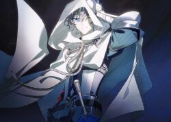 Rule 34 | 1boy, armor, black hair, blue eyes, charlemagne (fate), cloak, fate/grand order, fate (series), gradient background, hair between eyes, highres, hood, hood up, hooded cloak, idass (idass16), joyeuse ordre (fate), looking at viewer, male focus, multicolored hair, one eye closed, puff and slash sleeves, puffy sleeves, sheath, sheathed, short hair, smile, solo, streaked hair, sword, two-tone hair, upper body, weapon, white cloak, white hair
