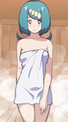 Rule 34 | 1girl, blush, breasts, bright pupils, brown eyes, closed mouth, collarbone, commentary request, creatures (company), ero kaeru, freckles, game freak, green hair, hairband, lana&#039;s mother (pokemon), long hair, looking at viewer, mature female, medium breasts, naked towel, nintendo, pokemon, pokemon (anime), pokemon sm (anime), ponytail, raised eyebrows, sauna, smile, solo, steam, sweat, towel, white pupils, yellow hairband