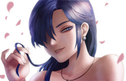 Rule 34 | 1girl, bare shoulders, blue eyes, blue hair, earrings, hair over one eye, himoo yuina, jewelry, long hair, looking at viewer, necklace, okai, petals, playing with own hair, portrait, simple background, smile, solo, tokimeki memorial, tokimeki memorial 1, white background