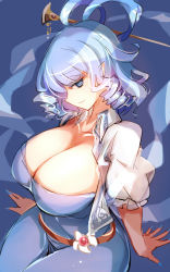 Rule 34 | 1girl, blue background, blue dress, blue eyes, blue hair, breasts, cleavage, commentary request, dress, drill hair, drill sidelocks, hair ornament, hair rings, hair stick, head tilt, highres, kaku seiga, large breasts, looking at viewer, one-hour drawing challenge, open clothes, open shirt, pointy ears, profile, puffy short sleeves, puffy sleeves, raptor7, shawl, shirt, short hair, short sleeves, sidelocks, simple background, sitting, smile, solo, touhou, white shirt