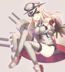 Rule 34 | 10s, 1girl, bad id, bad pixiv id, bismarck (kancolle), blonde hair, blush, breasts, brown gloves, detached sleeves, gloves, grey thighhighs, gunp, hat, kantai collection, long hair, looking at viewer, military, military hat, military uniform, open mouth, peaked cap, personification, solo, thighhighs, uniform
