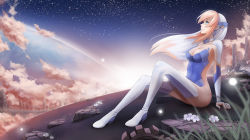 Rule 34 | 00s, 1girl, birdy cephon altera, bodysuit, boots, breasts, cleavage, flower, green eyes, hair ornament, highres, long hair, multicolored hair, pink hair, planet, ruins, sitting, sky, smile, solo, star (sky), starry sky, sunimu, tetsuwan birdy, tetsuwan birdy decode, thigh boots, thighhighs, two-tone hair, vehicle, white thighhighs