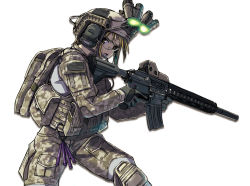 Rule 34 | 1girl, ammunition pouch, assault rifle, backpack, bag, blonde hair, eotech, gun, helmet, holding, holding gun, holding weapon, load bearing vest, looking to the side, magazine (weapon), military, military operator, night-vision device, open mouth, original, pouch, rifle, safety glasses, scope, solo, suppressor, teeth, tom keith, trigger discipline, uniform, united states army, weapon, wide field of view device, yellow eyes
