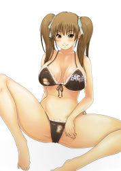 Rule 34 | 1girl, alternate hair color, alternate hairstyle, arm behind back, barefoot, bikini, black bikini, blush, breasts, breasts apart, brown hair, cleavage, clothes writing, dead or alive, earrings, english text, frilled bikini, frills, front-tie bikini top, front-tie top, grin, hair ribbon, hand on own thigh, highleg, highleg bikini, highleg swimsuit, highres, jewelry, keito fujihara, large breasts, lei fang, long hair, looking at viewer, navel, orange eyes, ribbon, side-tie bikini bottom, sideboob, simple background, sitting, smile, solo, spread legs, string bikini, swimsuit, tecmo, thighs, twintails, underboob, white background, wide hips