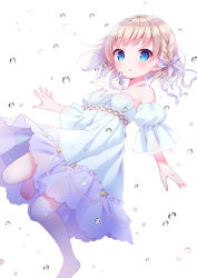 Rule 34 | 1girl, :o, bare shoulders, barefoot, blonde hair, blue dress, blue eyes, blush, bow, braid, breasts, chitosezaka suzu, commentary request, detached sleeves, dress, gochuumon wa usagi desu ka?, hair bow, juliet sleeves, kirima syaro, long sleeves, looking at viewer, parted lips, puffy sleeves, purple bow, seashell, shell, short hair, small breasts, solo, star (symbol), strapless, strapless dress, water drop, white background, wide sleeves