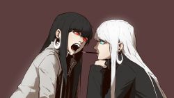 Rule 34 | 2girls, black hair, black jacket, blue eyes, brown background, earrings, eye contact, food, glowing, gogalking, highres, hoop earrings, jacket, jewelry, long hair, looking at another, mouth hold, multiple girls, open mouth, original, pocky, polar opposites, red eyes, simple background, white hair, white jacket