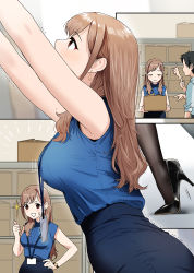 Rule 34 | 1boy, 1girl, armpit peek, arms up, black pantyhose, blue shirt, breasts, brown eyes, brown hair, commentary request, doushimasho, hand on own hip, highres, long hair, looking at viewer, medium breasts, mole, mole under eye, multiple views, original, pantyhose, shirt, smile, thumbs up, trembling