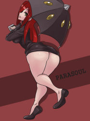 Rule 34 | 1girl, ass, bad id, bad pixiv id, breasts, brown eyes, character name, dress, female focus, from behind, highres, large breasts, legs, long hair, looking at viewer, looking back, parasoul (skullgirls), red background, red hair, shiva (tairakuten), short dress, skullgirls, solo, thighs, umbrella