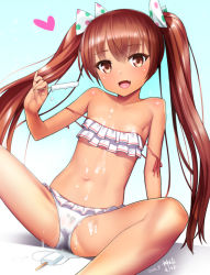 Rule 34 | 10s, 1girl, :d, artist name, bare shoulders, bikini, blush, breasts, brown eyes, brown hair, dark-skinned female, dark skin, dated, fang, flat chest, food, frilled bikini, frills, hair ribbon, heart, holding, kantai collection, kanzaki muyu, libeccio (kancolle), long hair, looking at viewer, navel, off shoulder, open mouth, polka dot, polka dot ribbon, popsicle, ribbon, sexually suggestive, signature, simple background, sitting, smile, solo, spread legs, strap slip, swimsuit, tan, twintails, white bikini