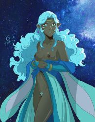 Rule 34 | 1girl, autumn-sacura, bare shoulders, blue eyes, breasts, circlet, colored pubic hair, curly hair, dark-skinned female, dark nipples, dark skin, facial mark, female focus, female pubic hair, groin, hyakujuu-ou golion, long hair, looking away, medium breasts, nipples, no bra, no panties, partially undressed, pointy ears, princess allura, pubic hair, sky, solo, star (sky), starry sky, voltron: legendary defender, voltron (series), white hair