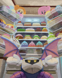Rule 34 | bat wings, boots, cake, candy, colored skin, desert, food, fruit, gloves, glowing, glowing eyes, highres, house, kirby, kirby&#039;s dream buffet, kirby (series), looking at another, looking down, looking up, mask, meta knight, miclot, nintendo, open mouth, outstretched arms, pink skin, purple skin, refrigerator, spread arms, strawberry, tornado kirby, waddle dee, wings, yellow eyes, yellow skin