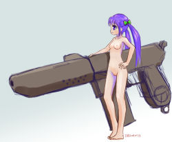 Rule 34 | 10s, 1girl, 2019, barefoot, blush, bow, breasts, cleft of venus, collarbone, dated, gradient background, grey background, gun, hair bow, hand on own hip, highres, long hair, may, medium breasts, navel, nipples, nude, oversized object, purple eyes, purple hair, pussy, sabi sabita, standing, twintails, weapon