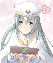 Rule 34 | 00s, 1girl, alice carroll, aria (manga), blush, eretto, gift, green hair, hat, heart, holding, long hair, looking at viewer, purple eyes, solo, uniform, upper body