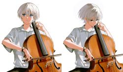 Rule 34 | 1boy, absurdres, bishounen, black pants, blue eyes, bow (music), cello, extraspiky, hair between eyes, highres, holding, holding bow (music), instrument, looking at viewer, male focus, multiple boys, multiple views, music, original, pants, playing instrument, shirt, sitting, watch, white background, white shirt, wristwatch