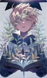 Rule 34 | 1boy, absurdres, aky ami, blonde hair, book, brown eyes, highres, long sleeves, looking up, male focus, open mouth, original, pale skin, plant, sky, solo, star (sky), star (symbol), starry sky, tears