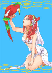 Rule 34 | 1girl, bad id, bad pixiv id, barefoot, bird, bird on hand, choker, dress, feet, flower, harem outfit, jewelry, kneeling, long hair, magi the labyrinth of magic, morgiana, navel, necklace, ornament, parrot, red hair, rihara, smile, solo, white dress