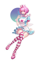 Rule 34 | 1girl, absurdres, ahoge, angel wings, apron, aqua dress, aqua hair, armband, blue liquid, bob cut, breasts, choker, collar, colored inner hair, commentary, dress, fang, frilled apron, frilled collar, frilled dress, frilled headwear, frills, full body, hair between eyes, hair intakes, hat, heart, heart print, high heels, highres, holding, holding syringe, idolmaster, idolmaster cinderella girls, idolmaster cinderella girls starlight stage, large breasts, legwear garter, lips, looking at viewer, low wings, mary janes, multicolored hair, nurse cap, o-ring, o-ring choker, open mouth, pink armband, pink choker, pink eyes, pink footwear, pink hair, pink lips, pink thighhighs, pumps, raised eyebrows, shoes, short sleeves, simple background, sitting, solo, sparkle print, striped clothes, striped thighhighs, syringe, thighhighs, thighs, tt1200, two-tone hair, two-tone thighhighs, white apron, white background, white hat, white thighhighs, white wings, white wrist cuffs, winged footwear, wings, wrist cuffs, yumemi riamu