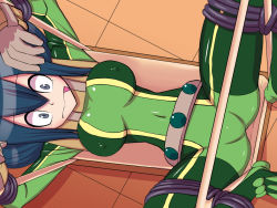 Rule 34 | 10s, 1girl, :p, arms up, asui tsuyu, bdsm, belt, belt skirt, blue hair, blush, bodysuit, boku no hero academia, bondage, bound, bound legs, bound wrists, breasts, breasts apart, covered erect nipples, covered navel, frog girl, from above, gloves, grey eyes, hair between eyes, legs up, long hair, looking at viewer, lying, nipples, on back, rope, short hair, sidelocks, solo, spread legs, spreader bar, studded belt, tile floor, tiles, tongue, tongue out, uichi-chi, wide-eyed