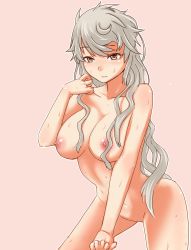 Rule 34 | 10s, 1girl, alpha (katz332), bad id, bad pixiv id, breasts, brown hair, collarbone, hair down, ruffling hair, highres, kantai collection, large breasts, leaning forward, long hair, looking at viewer, nipples, nude, pink background, silver hair, solo, unryuu (kancolle), very long hair, wavy hair, wet