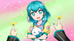 Rule 34 | 2girls, :d, aqua gloves, aqua nails, blue eyes, blue hair, crazypen, crossed arms, fingerless gloves, gloves, hagoromo lala, hatsune miku, head tilt, heart, heart print, holding, index finger raised, long sleeves, looking at viewer, multicolored background, multiple girls, nail polish, open mouth, precure, short hair, short sleeves, smile, solo focus, star-shaped pupils, star (symbol), star twinkle precure, symbol-shaped pupils, upper body, vocaloid