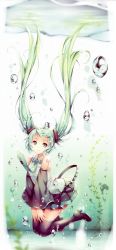 Rule 34 | 1girl, absurdres, boots, bubble, detached sleeves, green eyes, green hair, hatsune miku, high heel boots, high heels, highres, long sleeves, matching hair/eyes, scan, shirt, skirt, smile, solo, thigh boots, thighhighs, tidsean, twintails, underwater, vocaloid
