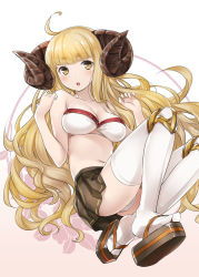 Rule 34 | 10s, 1girl, 47agdragon, :o, ahoge, anila (granblue fantasy), armor, bare shoulders, blonde hair, blunt bangs, blush, bra, breasts, brown hair, cleavage, collarbone, draph, eyebrows, granblue fantasy, hand on own shoulder, highres, horns, knee pads, long hair, looking at viewer, midriff, navel, panties, parted lips, sandals, simple background, solo, stomach, strapless, strapless bra, thighhighs, underwear, very long hair, white background, white bra, white panties, white thighhighs