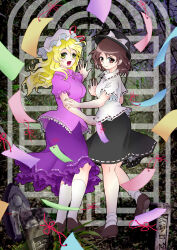 2girls black_skirt blonde_hair boater_hat bobby_socks bow breasts brown_eyes brown_hair door frilled_skirt frills hat hat_bow hat_ribbon highres jizou kneehighs large_breasts light_smile loafers long_hair looking_back maribel_hearn mob_cap multiple_girls myouga_teien pink_shirt puffy_short_sleeves puffy_sleeves purple_skirt reaching ribbon ribbon-trimmed_shirt ribbon_trim shirt shoes short_hair short_sleeves skirt small_breasts smile socks summer taboo_japan_disentanglement touhou usami_renko white_shirt white_socks yellow_eyes