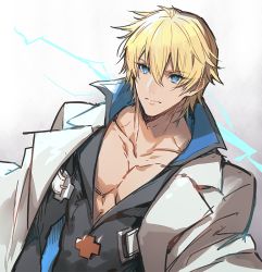 Rule 34 | 1boy, belt, blonde hair, blue eyes, closed mouth, collarbone, cross, guilty gear, guilty gear strive, jacket, ky kiske, lightning, lightning bolt symbol, pectoral cleavage, male focus, manly, oro (sumakaita), pectorals, short hair, simple background, solo, upper body, v-neck, white jacket